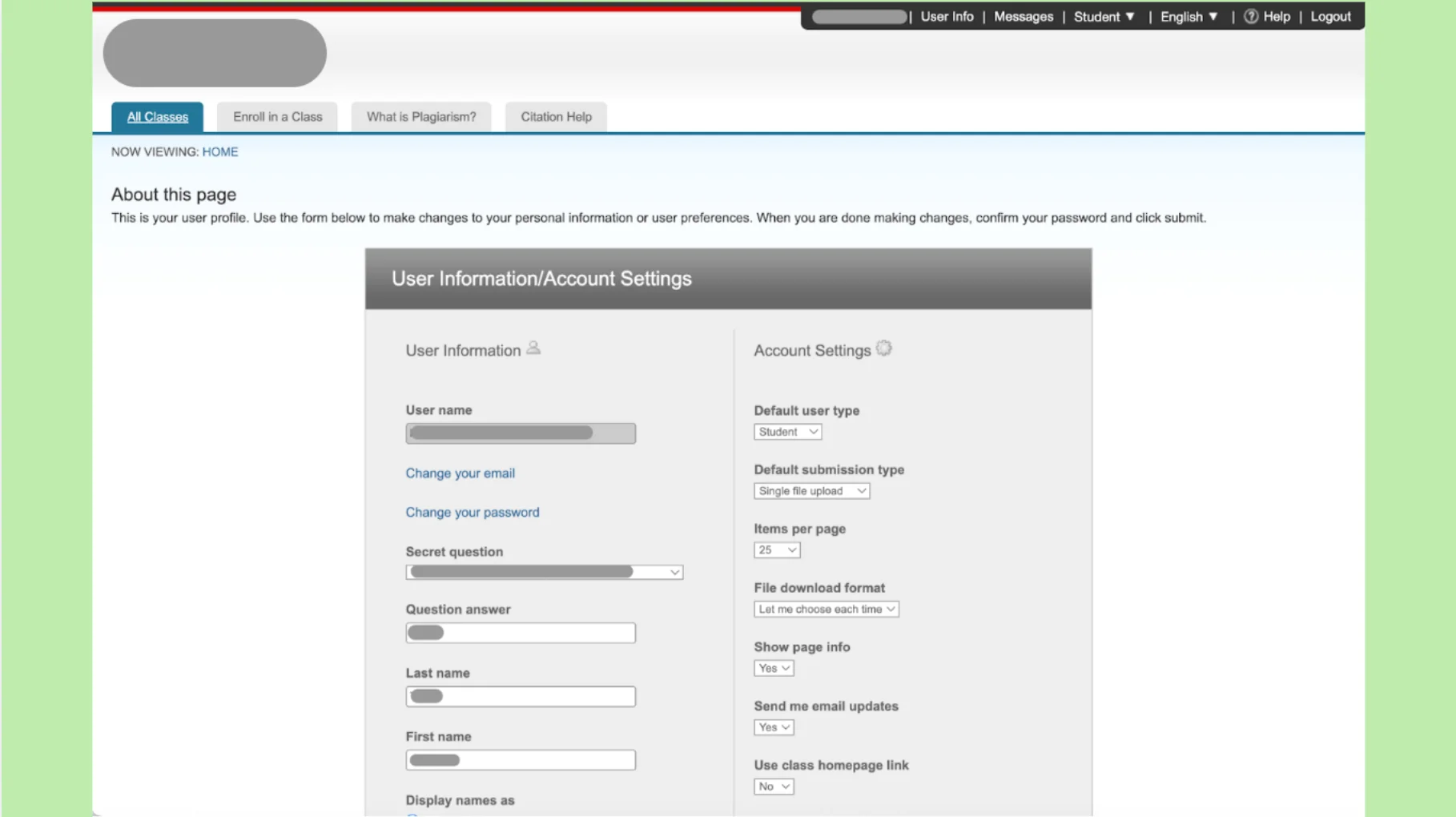 Turnitin User Information: Account Settings Turnitin User Information: Account Settings